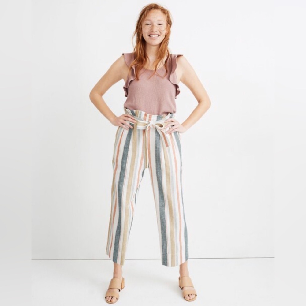 Madewell Pants Womens XXS Stripe Tie-Waist Huston Pull-On Crop Linen Blend